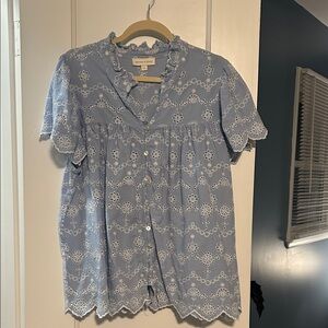 Pale Blue Eyelet Ruffled Button-Front Blouse